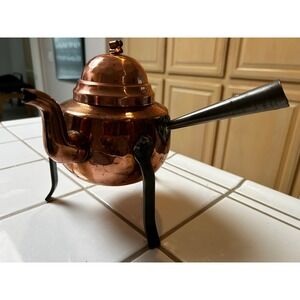Vintage Copper Teapot with Black Metal Stand and Lid Hammered Finish